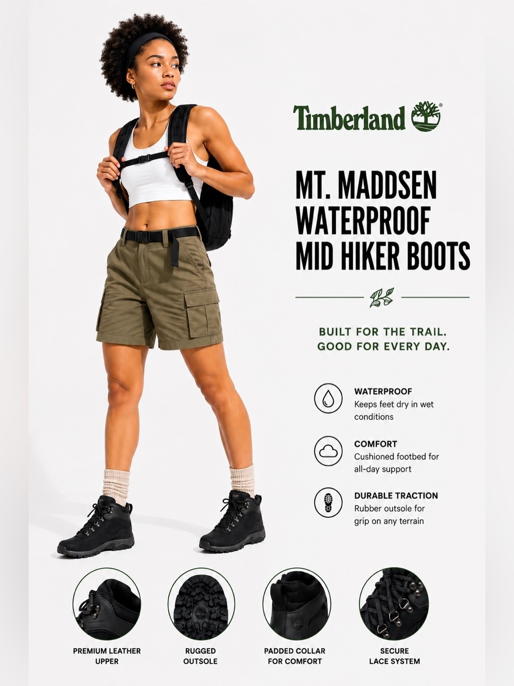 Timberland Mt Maddsen Waterproof Mid Hike Boots Black 8.5 Anti-Fatigue Trail NWT